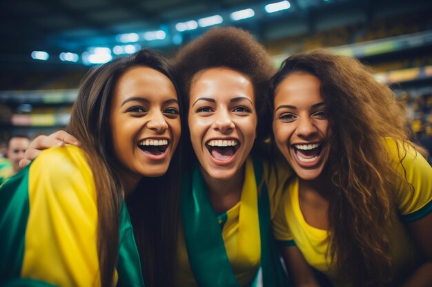 Fãs brasileiras de futebol feminino em um estádio da Copa do Mundo apoiando a seleção nacional