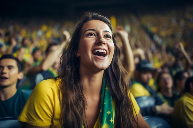 Foto fãs brasileiras de futebol feminino em um estádio da copa do mundo apoiando a seleção nacional