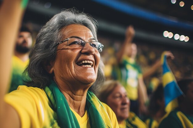 Fãs brasileiras de futebol feminino em um estádio da Copa do Mundo apoiando a seleção nacional