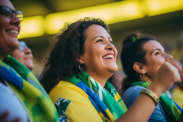 Fãs brasileiras de futebol feminino em um estádio da Copa do Mundo apoiando a seleção nacional