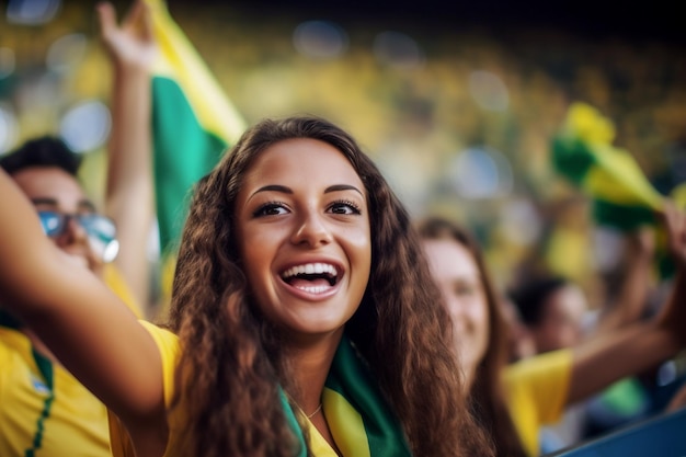 Fãs brasileiras de futebol feminino em um estádio da Copa do Mundo apoiando a seleção nacional