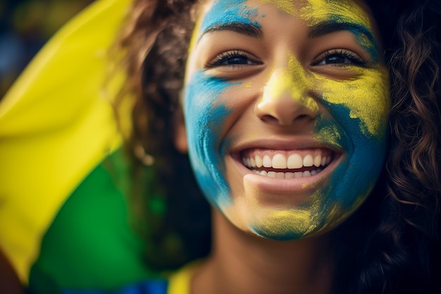 Fãs brasileiras de futebol feminino em um estádio da Copa do Mundo apoiando a seleção nacional