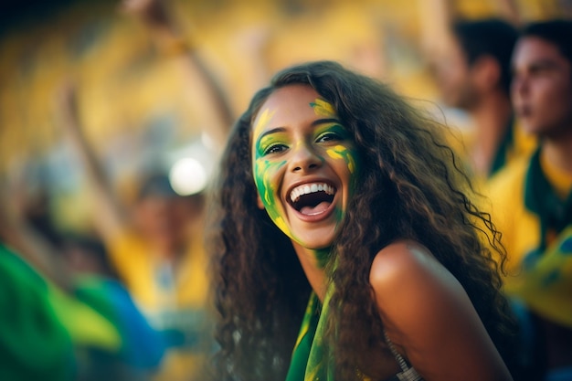 Foto fãs brasileiras de futebol feminino em um estádio da copa do mundo apoiando a seleção nacional