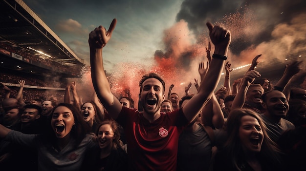 Fãs celebrando o sucesso de sua equipe esportiva favorita nas bancadas do estádio profissional enquanto seu estádio de neve é feito em 3D