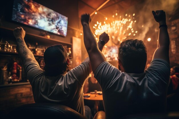 Foto fãs de esportes festejam e celebram um torneio vencedor e assistem tv em casa.