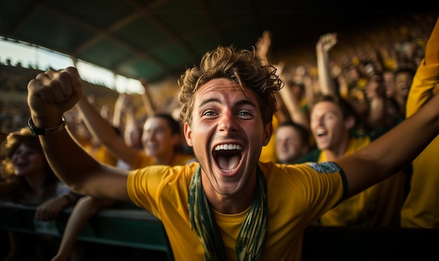 Foto fãs de esportes no estádio animados animando em uma partida de futebol ao vivo grupo de pessoas no estádio animando