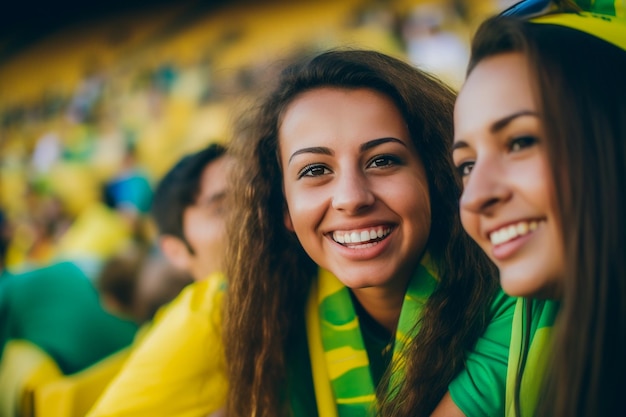 Foto fãs de futebol brasileiras em um estádio da copa do mundo apoiando a seleção nacional