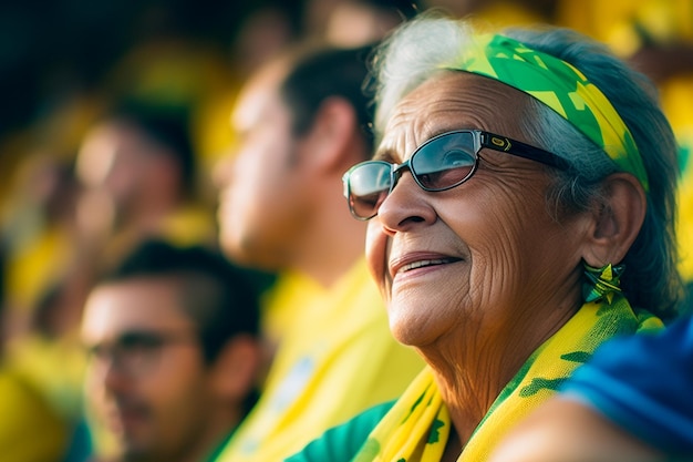 Foto fãs de futebol brasileiras em um estádio da copa do mundo apoiando a seleção nacional