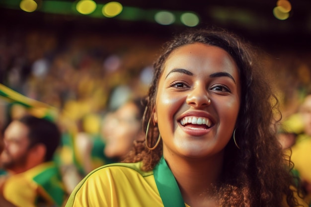 Fãs de futebol brasileiras em um estádio da Copa do Mundo apoiando a seleção nacional