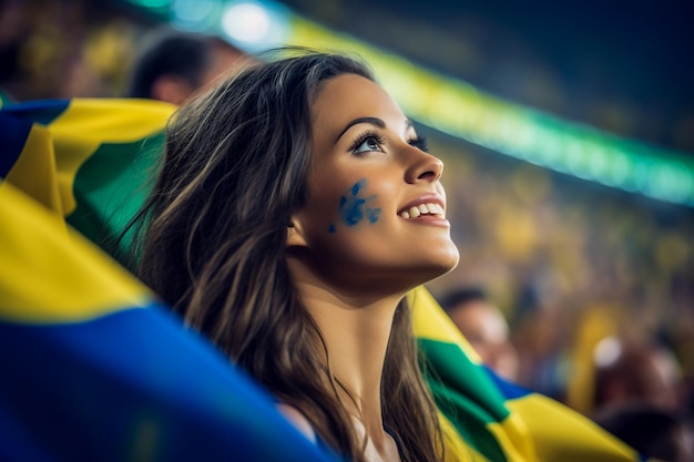 Fãs de futebol brasileiras em um estádio da Copa do Mundo apoiando a seleção nacional