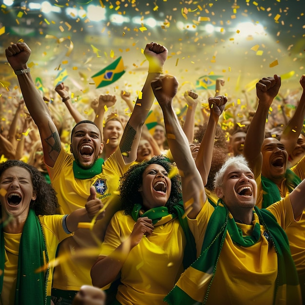 Foto fãs de futebol celebrando um momento alegre com confeti