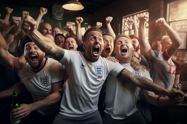 Fãs de futebol da Inglaterra animando sua equipe durante um jogo no estádio ai gerado