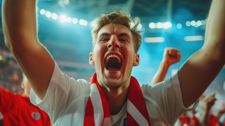 Foto fãs de futebol entusiasmados comemorando o gol no estádio aig41