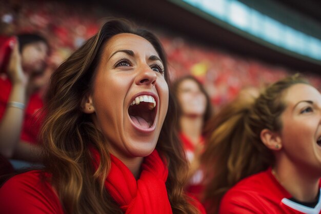 Fãs de futebol espanholas em um estádio da Copa do Mundo celebrando a vitória da seleção espanhola de futebal