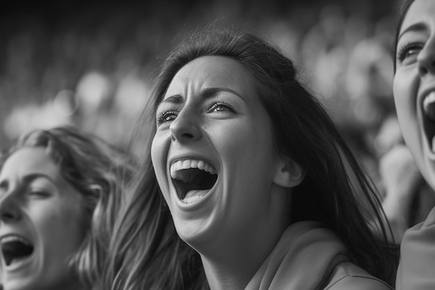 Fãs de futebol espanholas em um estádio da Copa do Mundo celebrando a vitória da seleção espanhola de futebal