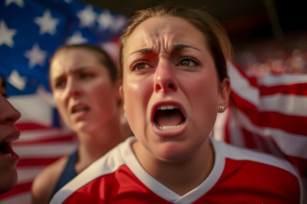 Fãs de futebol feminino americano em um estádio da Copa do Mundo apoiando a equipe nacional