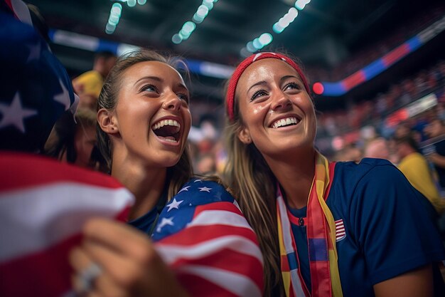 Fãs de futebol feminino americano em um estádio da Copa do Mundo apoiando a equipe nacional