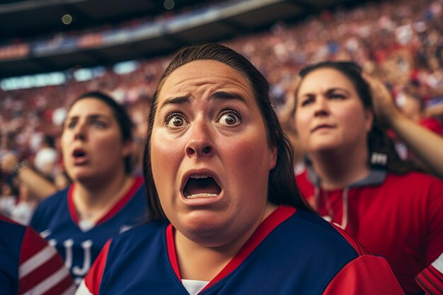 Fãs de futebol feminino americano em um estádio da Copa do Mundo apoiando a equipe nacional