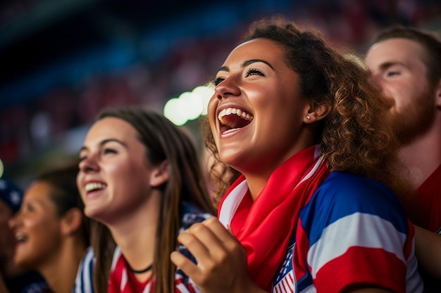 Fãs de futebol feminino americano em um estádio da Copa do Mundo apoiando a equipe nacional