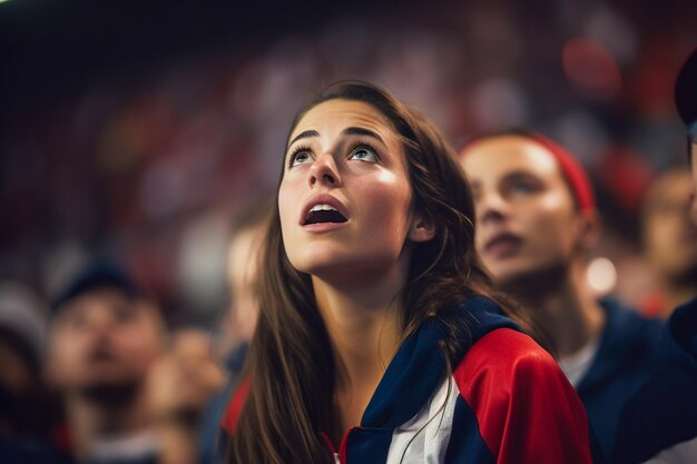 Fãs de futebol feminino americano em um estádio da Copa do Mundo apoiando a equipe nacional