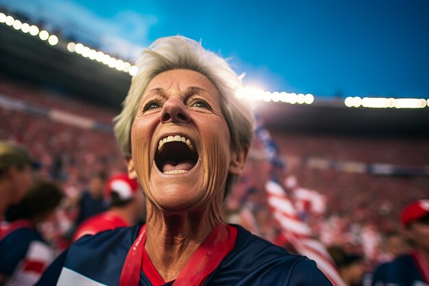 Fãs de futebol feminino americano em um estádio da Copa do Mundo apoiando a equipe nacional