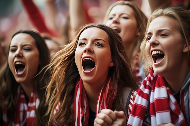Fãs de futebol feminino jovens comemoram a vitória no estádio