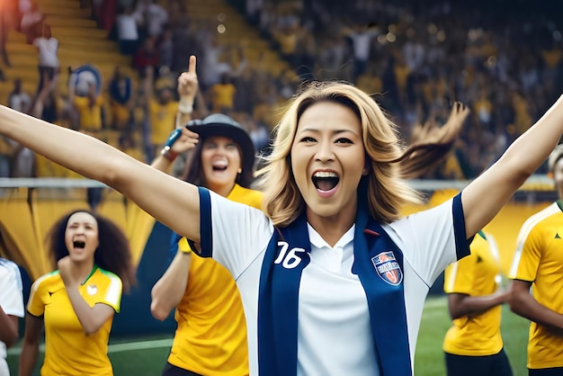 Fãs de futebol feminino no estádio comemorando a vitória desfrutando depois de um campeonato de futebol