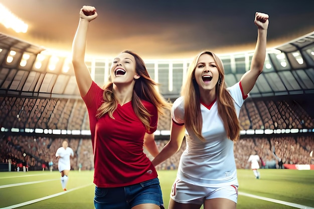 Fãs de futebol feminino no estádio comemorando a vitória desfrutando depois de um campeonato de futebol