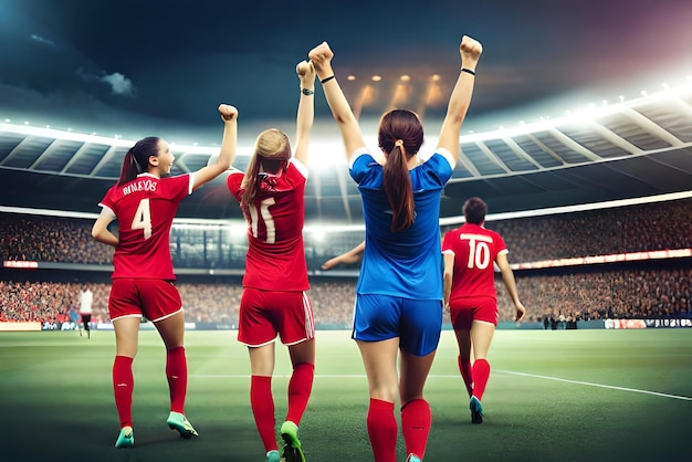 Fãs de futebol feminino no estádio comemorando a vitória desfrutando depois de um campeonato de futebol