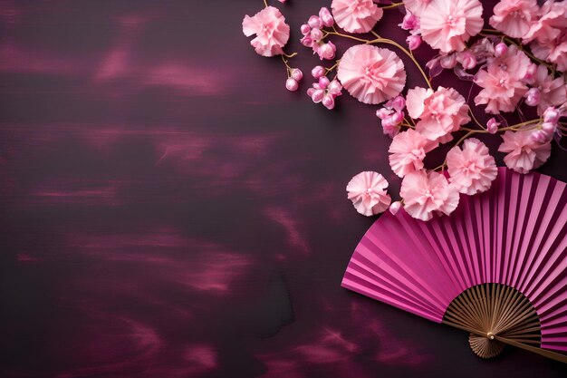 Fãs de papel de festival e flores em fundo rosa Feliz Ano Novo Chinês