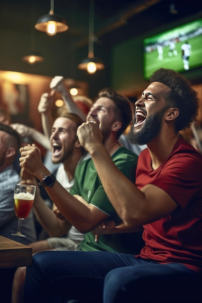 Fãs do sexo masculino em um bar se regozijam com a vitória de sua equipe de futebol favorita