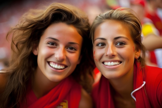 Fãs espanholas de futebol em um estádio da Copa do Mundo comemorando a vitória da seleção espanhola