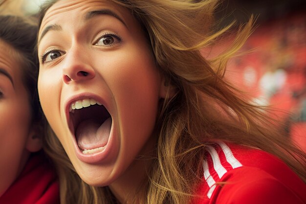 Fãs espanholas de futebol em um estádio da Copa do Mundo comemorando a vitória da seleção espanhola