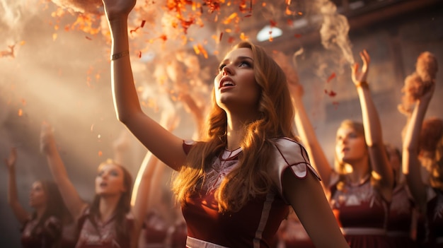 Fãs Sheerleaders Desempenho das líderes de torcida antes do jogo Coesão estudantil Construção da equipe Desempenho em campo Alunos do ensino médio dançando em um jogo de esportes