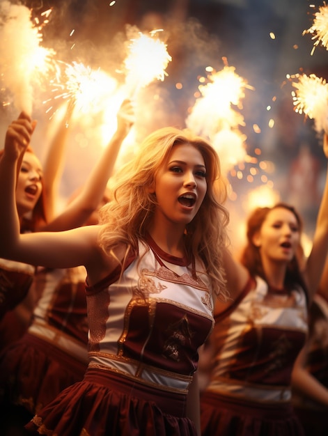 Fãs Sheerleaders Desempenho das líderes de torcida antes do jogo Coesão estudantil Construção da equipe Desempenho em campo Alunos do ensino médio dançando em um jogo de esportes