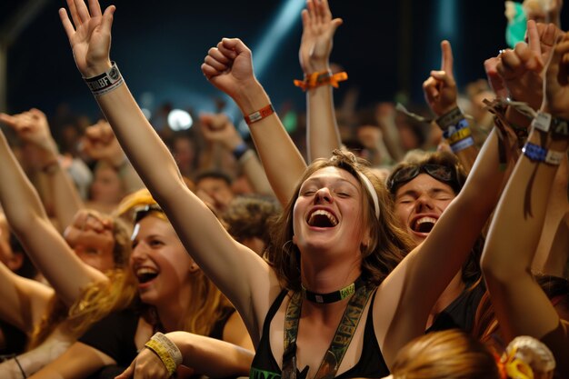 Fãs sorrindo e levantando as mãos em celebração no concerto