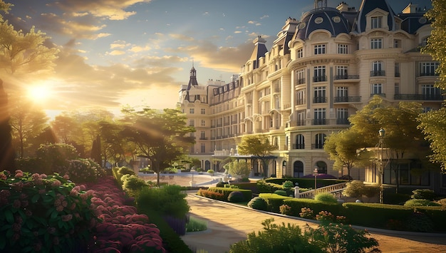 Fasada de hotel de lujo al atardecer paisaje urbano sereno con jardines exuberantes perfecto para folletos de viaje y anuncios elegancia en la arquitectura capturada AI