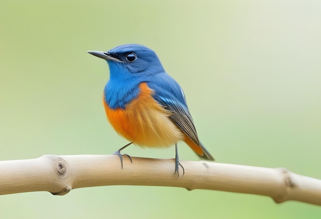 Foto fascinado pájaro azul y naranja posado en madera delgada aislado en fondo blanco