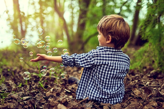 Fascinado pela magia das bolhas Foto de um garotinho brincando com bolhas enquanto está sentado sozinho na floresta