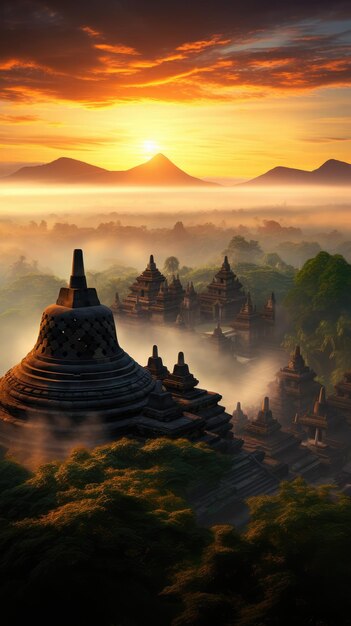 Un fascinante amanecer sobre el emblemático templo de Borobudur en Indonesia