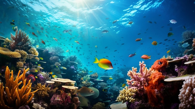 Un fascinante arrecife de coral submarino repleto de peces de colores generado por IA