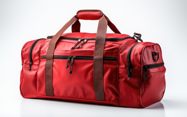 Fascinante bolsa de gimnasio de color rojo aislada sobre un fondo blanco