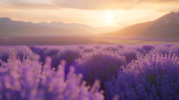 Un fascinante campo de lavanda al atardecer una mezcla etérea de colores y una iluminación suave que evoca serenidad y romanticismo