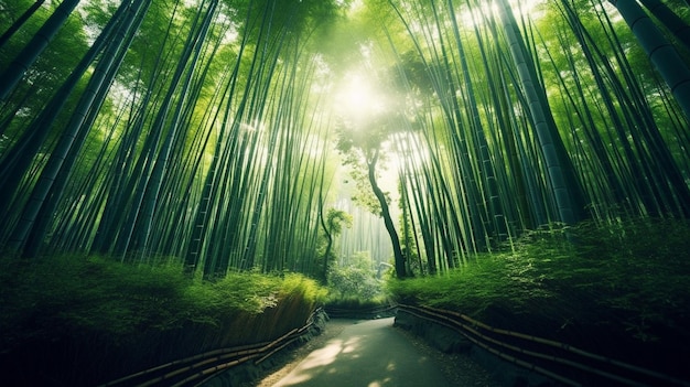 Una fascinante captura de un sereno bosque de bambú en el Lejano Oriente con altos tallos de bambú que crean un
