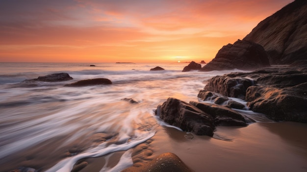 Fascinante cascada al atardecer en la playa de arena