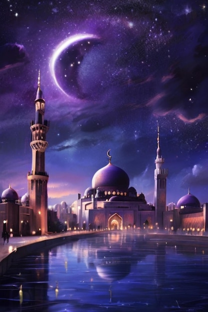 El fascinante cielo nocturno de la media luna de Ramadán se refleja en el agua en medio del paisaje urbano