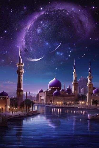 El fascinante cielo nocturno de la media luna de Ramadán se refleja en el agua en medio del paisaje urbano