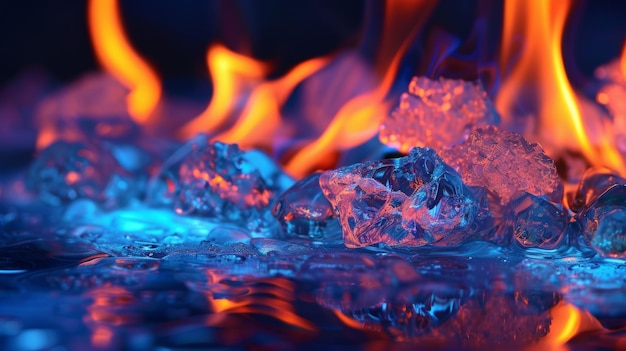 Foto la fascinante danza de colores mientras las llamas del pozo de fuego se reflejan en el hielo cristalino.