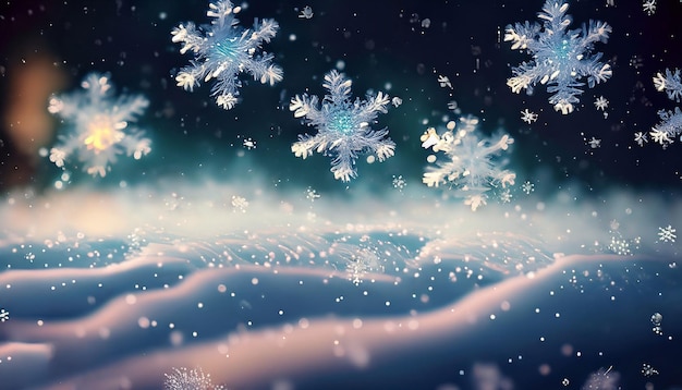 Fascinante escena de copos de nieve flotando en el viento con colores suaves y una atmósfera de ensueño