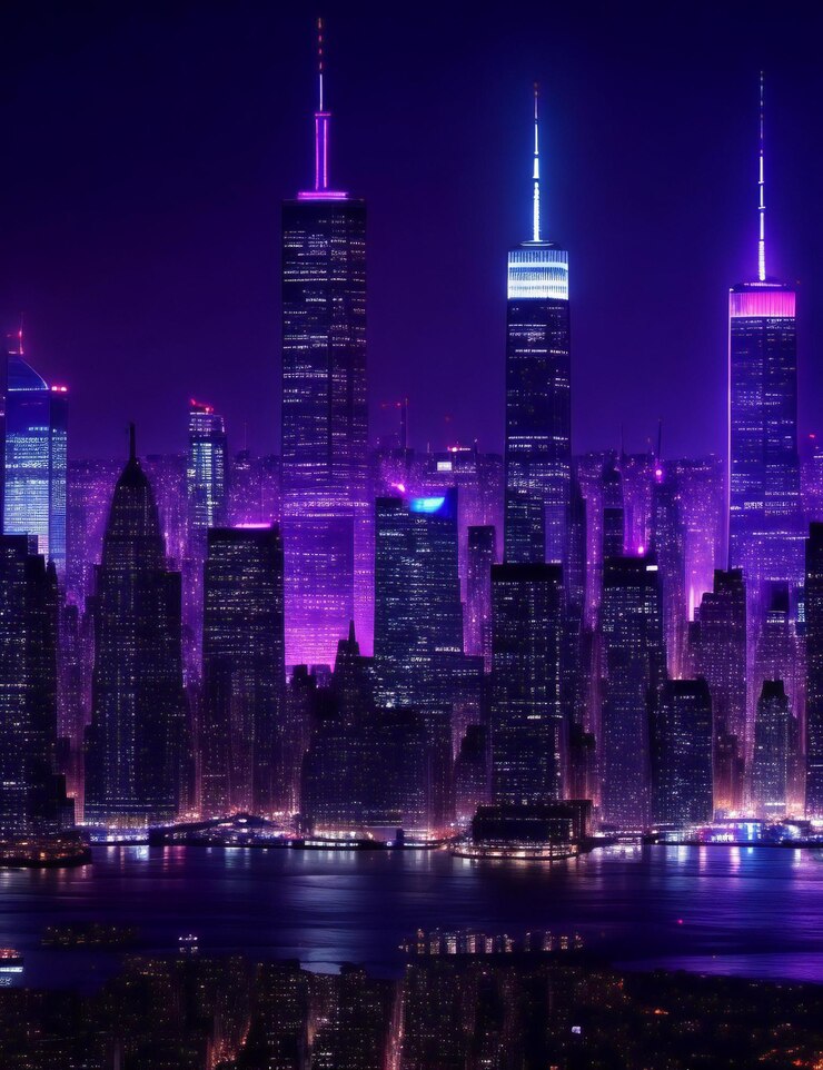 Una fascinante escena nocturna con el icónico horizonte de Manhattan Midtown de la ciudad de Nueva York